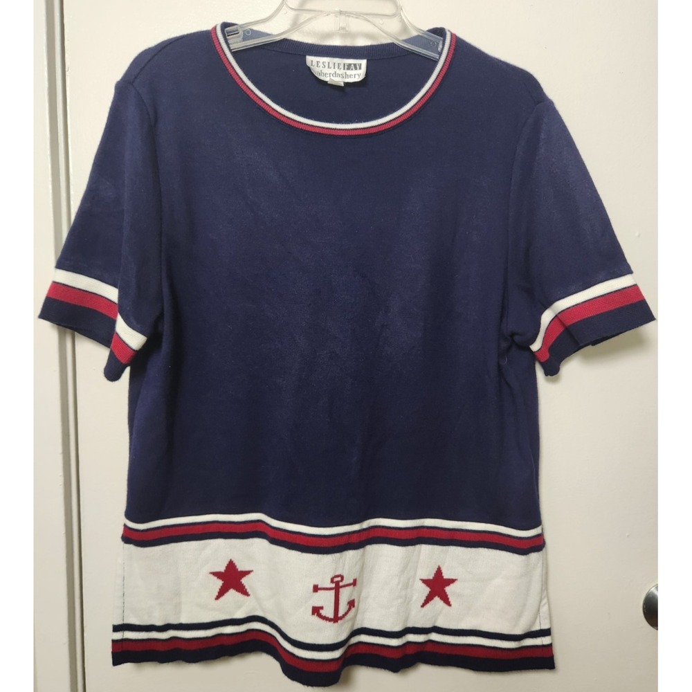 Leslie Fay Red White Blue Cruise Anchor Stars Nautical Sweater Tunic XL Vintage